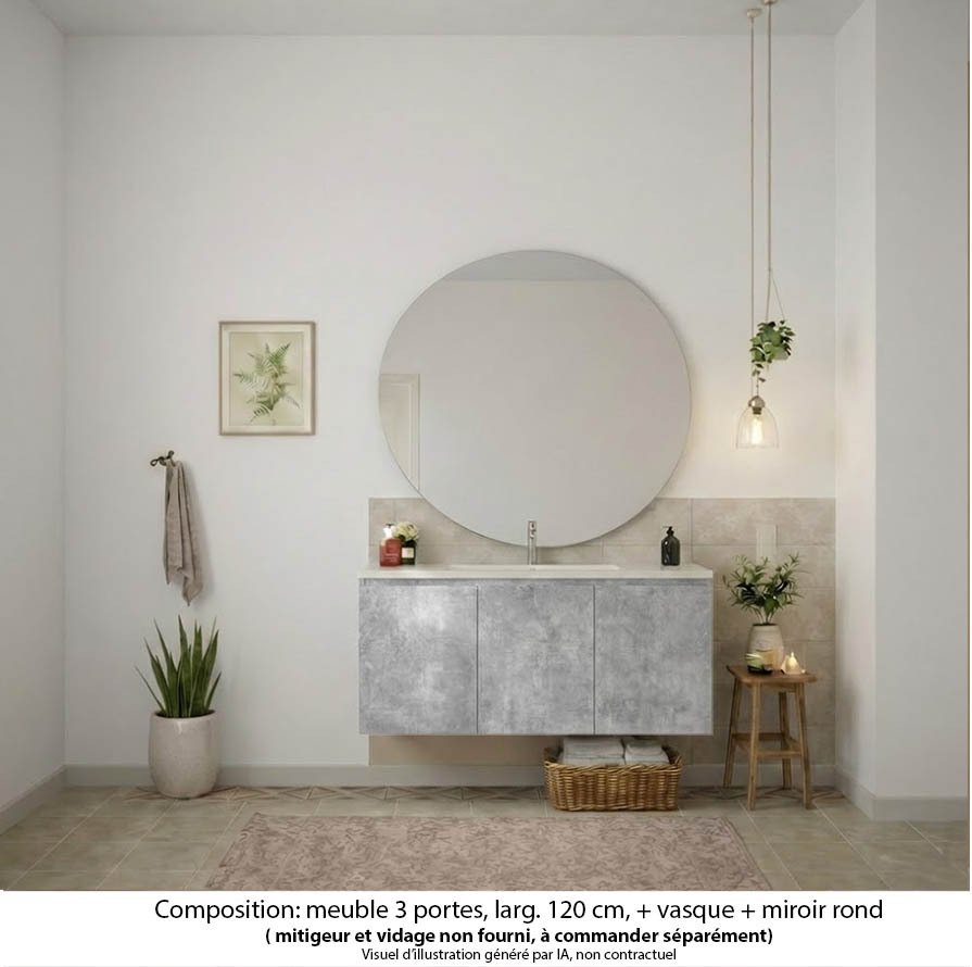 Ensemble meuble de salle de bain Oxford 120 cm béton Bellato, plan vasque céramique,  3 portes , miroir rond