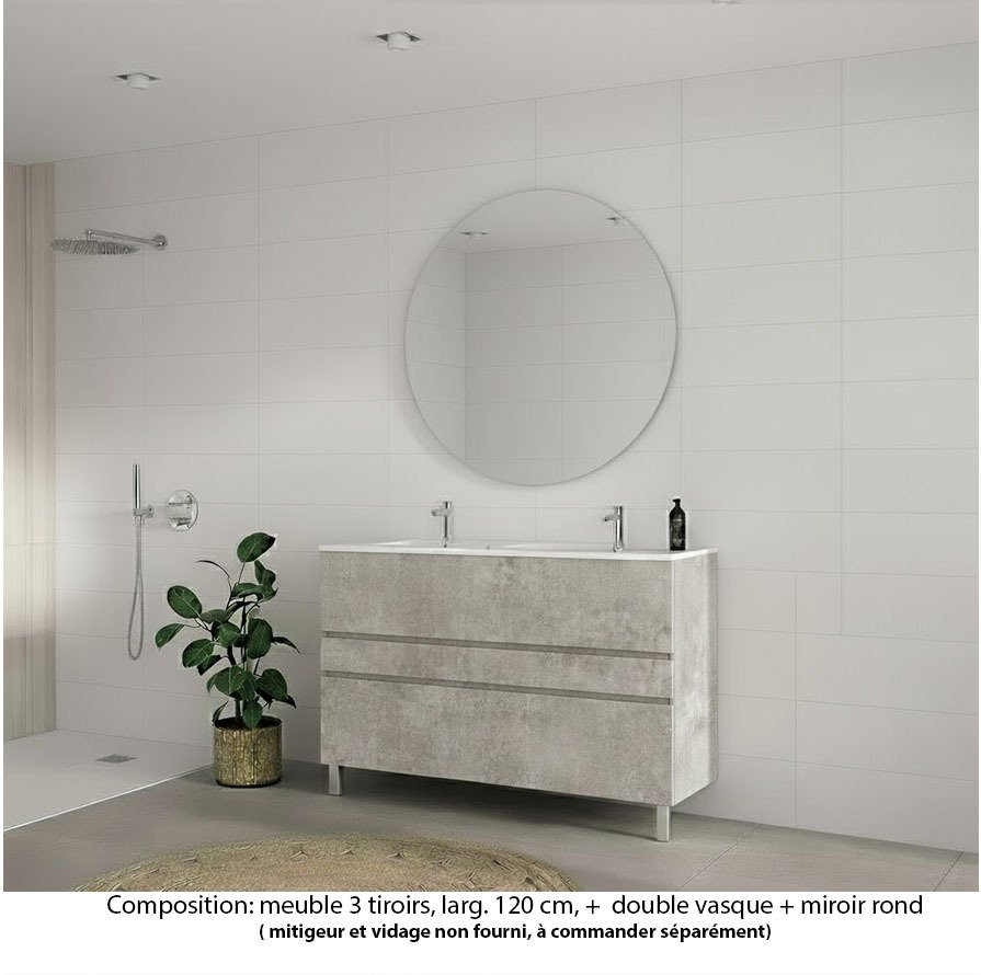 Ensemble meuble de salle de bain Oxford 120 cm béton Bellato, plan double vasque marbre reconstitué,  3 tiroirs , miroir rond