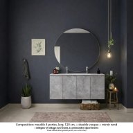 Ensemble meuble de salle de bain Oxford 140 cm béton Bellato, plan vasque marbre reconstitué, 4 portes , miroir rond