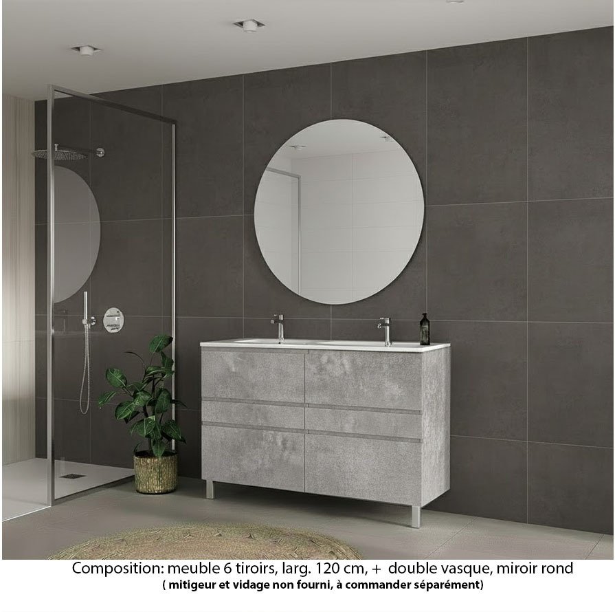 Ensemble meuble de salle de bain Oxford 140 cm béton Bellato, plan double double vasque marbre reconstitué,  caisson double, 6 tiroirs , miroir rond