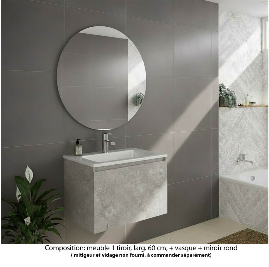 Ensemble meuble de salle de bain Oxford 60 cm béton Bellato, plan vasque marbre reconstitué,  1 tiroir , miroir rond
