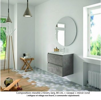 Vignette Ensemble meuble de salle de bain Oxford 80 cm béton Bellato, plan vasque marbre reconstitué,  2 tiroirs , miroir rond