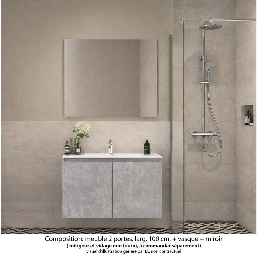 Ensemble meuble de salle de bain Oxford 60 cm béton Bellato, plan vasque marbre reconstitué,  2 portes , miroir haut. 60 cm