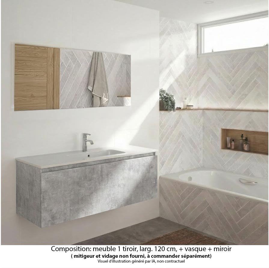 Ensemble meuble de salle de bain Oxford 120 cm béton Bellato, plan vasque marbre reconstitué,  1 tiroir , miroir haut. 60 cm