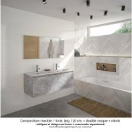 Ensemble meuble de salle de bain Oxford 120 cm béton Bellato, plan double vasque marbre reconstitué, 1 tiroir , miroir haut. 60 cm