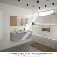 Ensemble meuble de salle de bain Oxford 120 cm béton Bellato, plan double vasque marbre reconstitué, 2 tiroirs , miroir haut. 60 cm