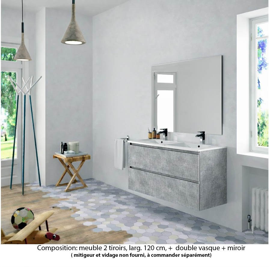 Ensemble meuble de salle de bain Oxford 120 cm béton Bellato, plan double vasque marbre reconstitué,  2 tiroirs , miroir haut. 60 cm