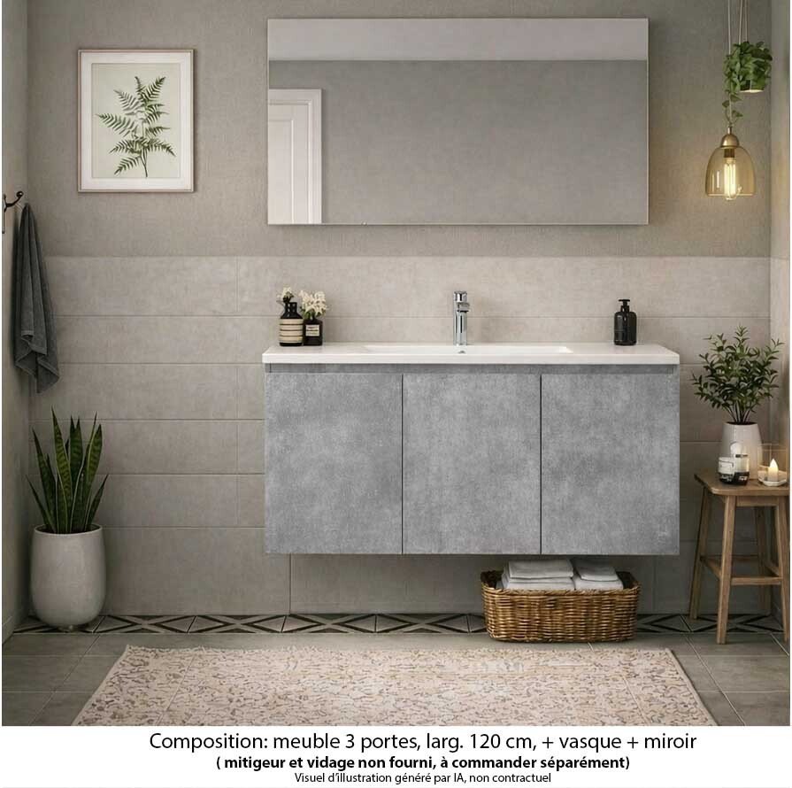 Ensemble meuble de salle de bain Oxford 120 cm béton Bellato, plan vasque céramique,  3 portes , miroir haut. 60 cm