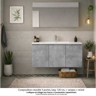 Ensemble meuble de salle de bain Oxford 120 cm béton Bellato, plan vasque céramique, 3 portes , miroir haut. 60 cm