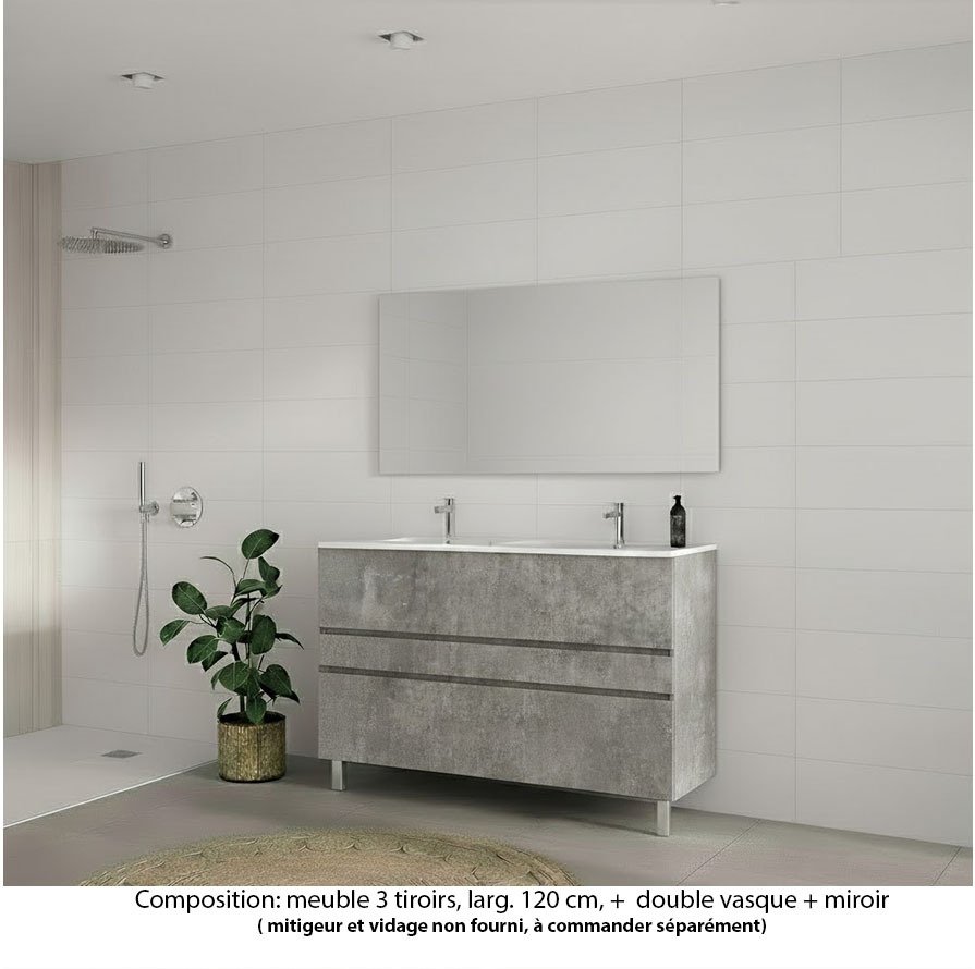 Ensemble meuble de salle de bain Oxford 120 cm béton Bellato, plan double vasque marbre reconstitué,  3 tiroirs , miroir haut. 60 cm