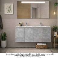 Ensemble meuble de salle de bain Oxford 140 cm béton Bellato, plan vasque marbre reconstitué, 4 portes , miroir haut. 60 cm