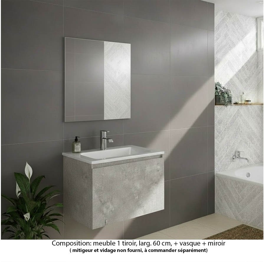 Ensemble meuble de salle de bain Oxford 60 cm béton Bellato, plan vasque marbre reconstitué,  1 tiroir , miroir haut. 60 cm