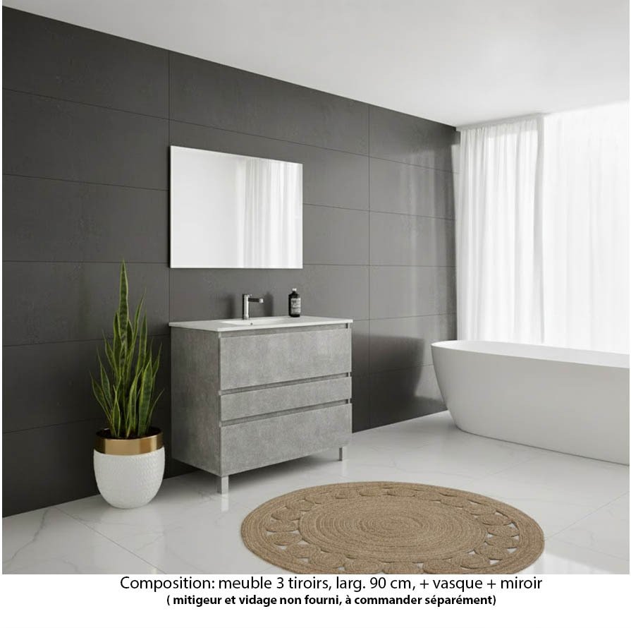 Ensemble meuble de salle de bain Oxford 100 cm béton Bellato, plan vasque marbre reconstitué,  3 tiroirs , miroir haut. 60 cm