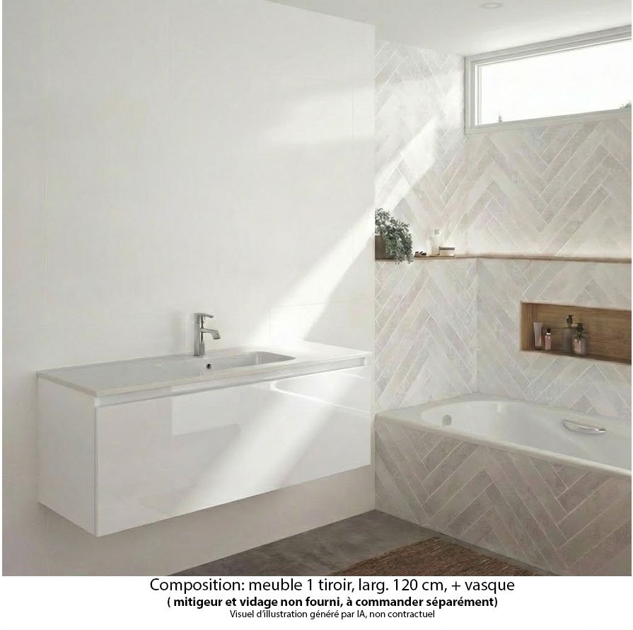 Ensemble meuble de salle de bain Oxford 120 cm blanc brillant, vasque marbre reconstitué,  1 tiroir