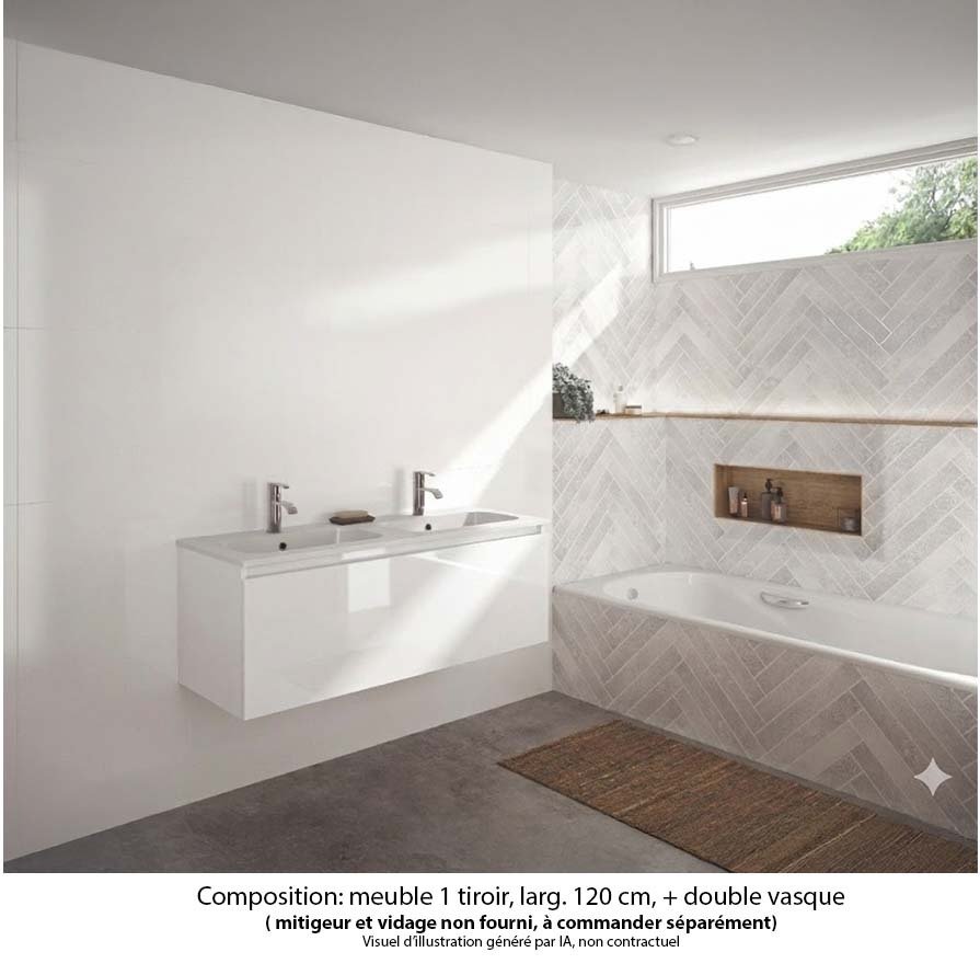 Ensemble meuble de salle de bain Oxford 120 cm blanc brillant, plan double vasque marbre reconstitué,  1 tiroir