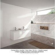 Ensemble meuble de salle de bain Oxford 120 cm blanc brillant, plan double vasque marbre reconstitué, 1 tiroir