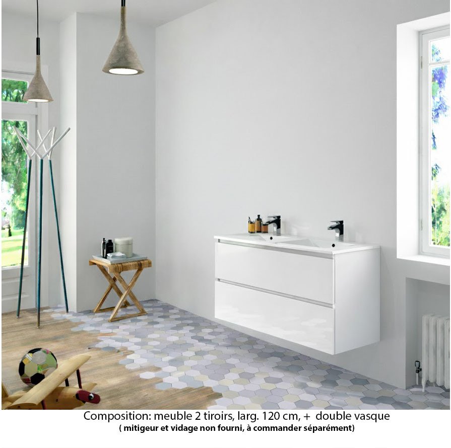 Ensemble meuble de salle de bain Oxford 120 cm blanc brillant, plan double vasque marbre reconstitué,  2 tiroirs