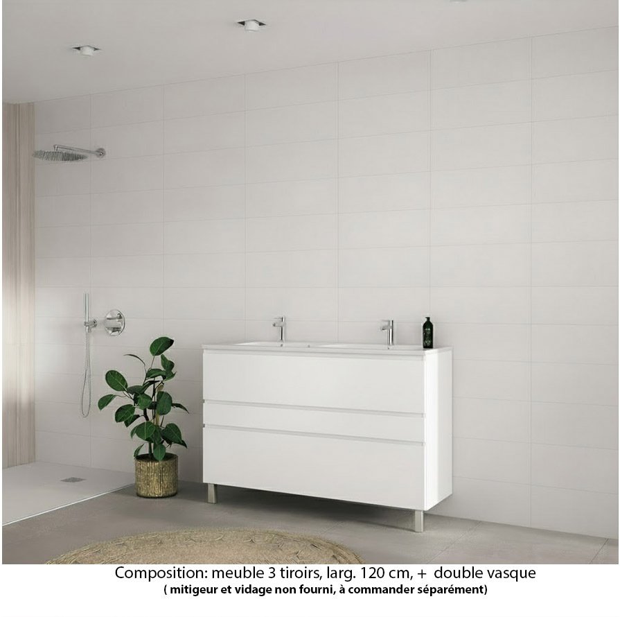 Ensemble meuble de salle de bain Oxford 120 cm blanc brillant, plan double vasque marbre reconstitué,  3 tiroirs