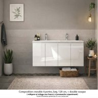 Ensemble meuble de salle de bain Oxford 140 cm blanc brillant, plan vasque marbre reconstitué, 4 portes