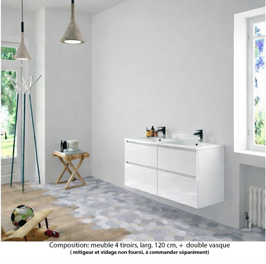 Ensemble meuble de salle de bain Oxford 140 cm blanc brillant, plan double double vasque marbre reconstitué,  4 tiroirs