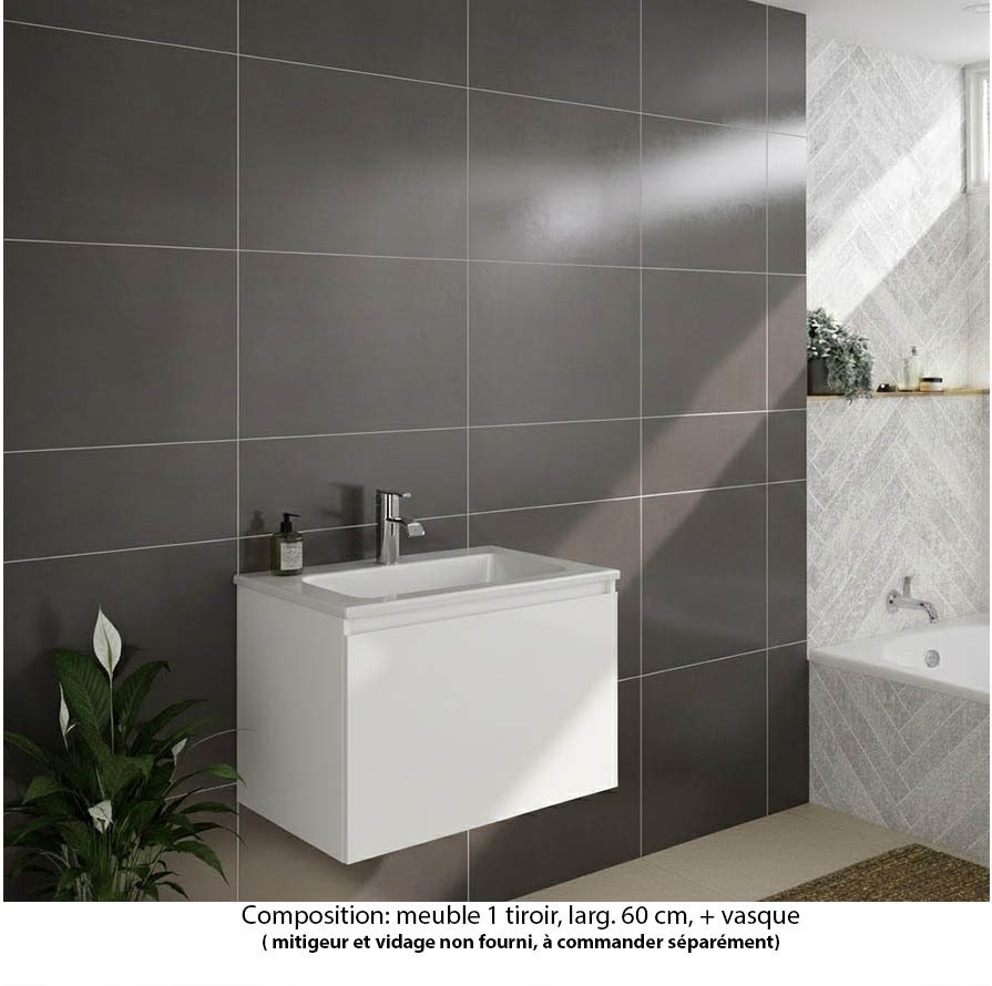 Ensemble meuble de salle de bain Oxford 60 cm blanc brillant, plan vasque marbre reconstitué,  1 tiroir