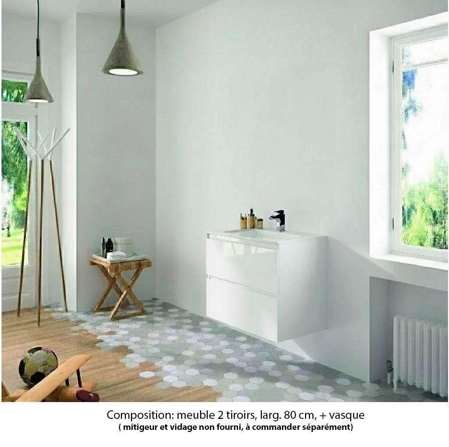 Ensemble meuble de salle de bain Oxford 80 cm blanc brillant, plan vasque marbre reconstitué,  2 tiroirs