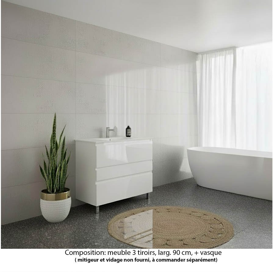 Ensemble meuble de salle de bain Oxford 100 cm blanc brillant, vasque marbre reconstitué,  3 tiroirs