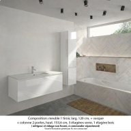 Ensemble meuble de salle de bain Oxford 120 cm blanc brillant, plan vasque marbre reconstitué, 1 tiroir + colonne P. 35 cm x H. 153 cm