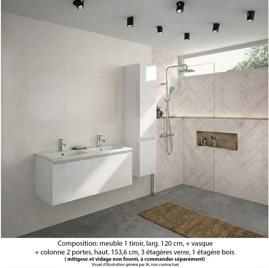 Ensemble meuble de salle de bain Oxford 120 cm blanc brillant, plan double vasque marbre reconstitué,  1 tiroir + colonne P. 35 cm x H. 153 cm