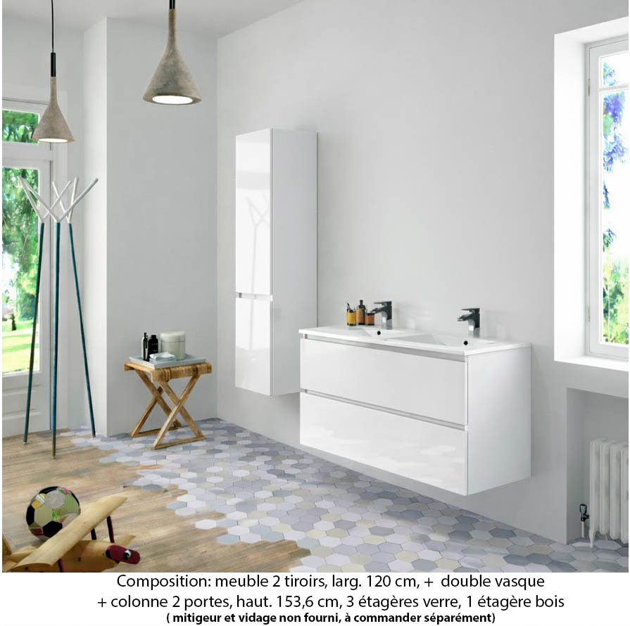 Ensemble meuble de salle de bain Oxford 120 cm blanc brillant, plan double vasque marbre reconstitué,  2 tiroirs +colonne P. 35 cm x H. 153 cm