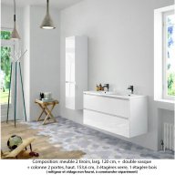 Ensemble meuble de salle de bain Oxford 120 cm blanc brillant, plan double vasque marbre reconstitué, 2 tiroirs +colonne P. 35 cm x H. 153 cm