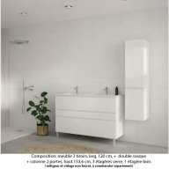 Ensemble meuble de salle de bain Oxford 120 cm blanc brillant, plan double vasque marbre reconstitué, 3 tiroirs + colonne P. 35 cm x H. 153 cm