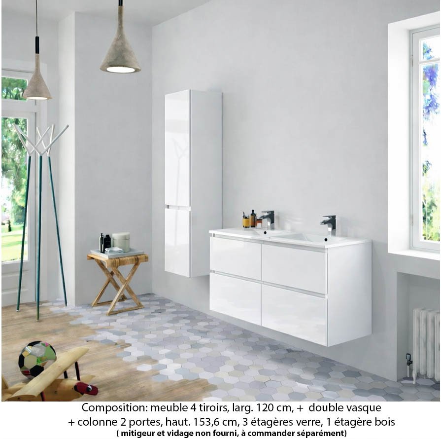 Ensemble meuble de salle de bain Oxford 140 cm blanc brillant, plan double double vasque céramique,  4 tiroirs + colonne P. 35 cm x H. 153 cm
