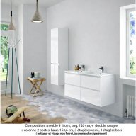 Ensemble meuble de salle de bain Oxford 140 cm blanc brillant, plan double double vasque marbre reconstitué, 4 tiroirs +colonne P. 35 cm x H. 153 cm