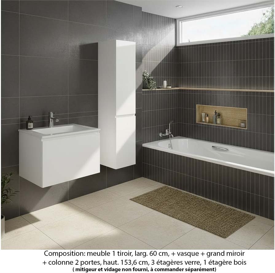 Ensemble meuble de salle de bain Oxford 60 cm blanc brillant, plan vasque marbre reconstitué,  1 tiroir +colonne P. 35 cm x H. 153 cm