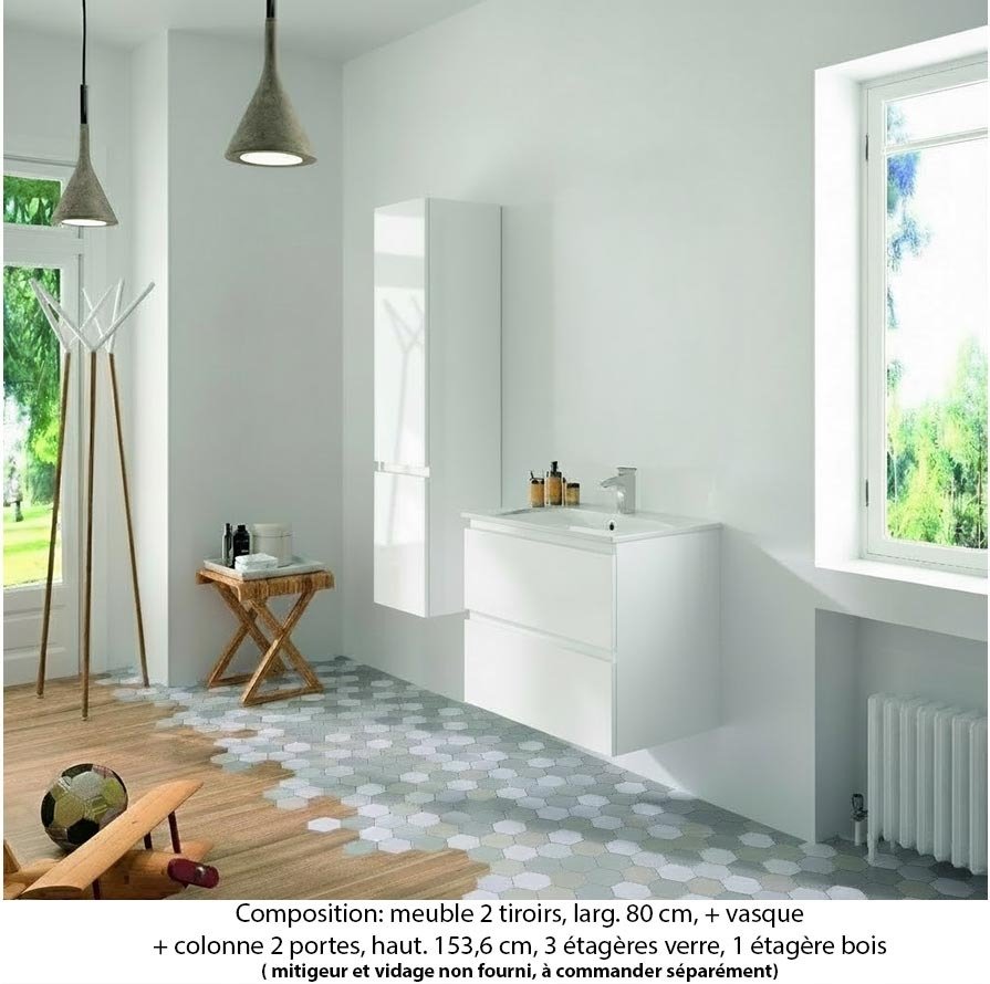 Ensemble meuble de salle de bain Oxford 80 cm blanc brillant, plan vasque céramique,  2 tiroirs + colonne (ch. à droite)