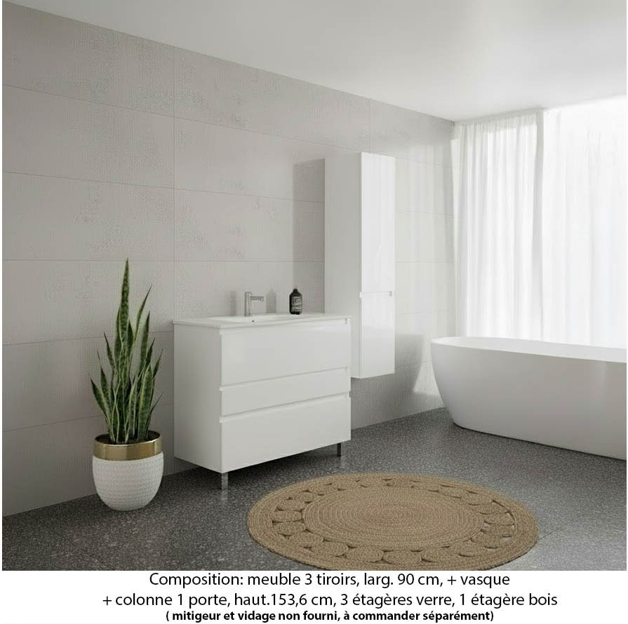 Ensemble meuble de salle de bain Oxford 70 cm blanc brillant, plan vasque marbre reconstitué,  3 tiroirs + colonne P. 35 cm x H. 153 cm