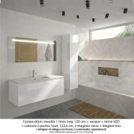 Ensemble meuble de salle de bain Oxford 120 cm blanc brillant, plan vasque marbre reconstitué, 1 tiroir + colonne P. 35 cm x H. 153 cm , miroir LED