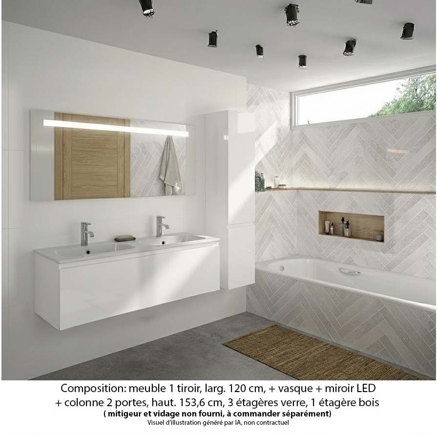 Ensemble meuble de salle de bain Oxford 120 cm blanc brillant, plan double vasque marbre reconstitué,  1 tiroir +colonne P. 35 cm x H. 153 cm  , miroir LED