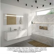 Ensemble meuble de salle de bain Oxford 120 cm blanc brillant, plan double vasque marbre reconstitué, 1 tiroir + colonne P. 35 cm x H. 153 cm , miroir LED