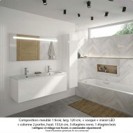 Ensemble meuble de salle de bain Oxford 120 cm blanc brillant, plan double vasque marbre reconstitué, 2 tiroirs + colonne P. 35 cm x H. 153 cm , miroir LED