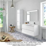 Ensemble meuble de salle de bain Oxford 120 cm blanc brillant, plan double vasque marbre reconstitué, 2 tiroirs +colonne P. 35 cm x H. 153 cm , miroir LED