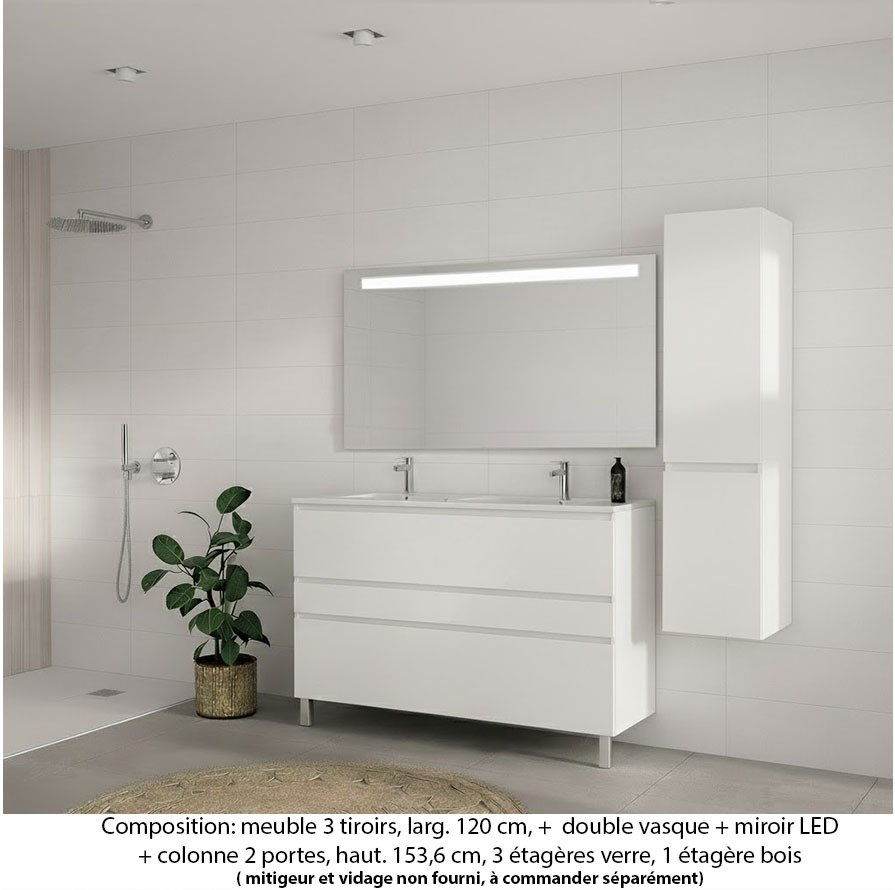 Ensemble meuble de salle de bain Oxford 120 cm blanc brillant, plan double vasque marbre reconstitué,  3 tiroirs + colonne P. 35 cm x H. 153 cm  , miroir LED