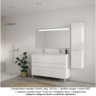 Ensemble meuble de salle de bain Oxford 120 cm blanc brillant, plan double vasque marbre reconstitué, 3 tiroirs + colonne P. 35 cm x H. 153 cm , miroir LED