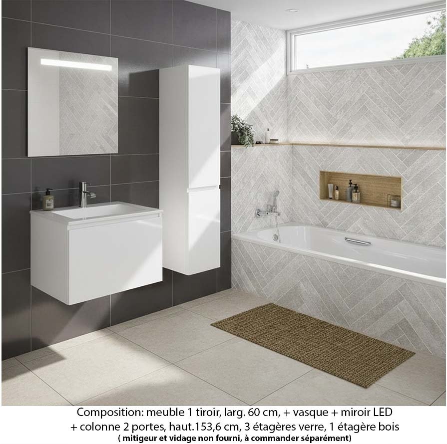 Ensemble meuble de salle de bain Oxford 60 cm blanc brillant, plan vasque marbre reconstitué,  1 tiroir +colonne P. 35 cm x H. 153 cm  , miroir LED