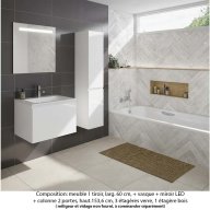 Ensemble meuble de salle de bain Oxford 80 cm blanc brillant, plan vasque marbre reconstitué, 1 tiroir + colonne P. 35 cm x H. 153 cm , miroir LED