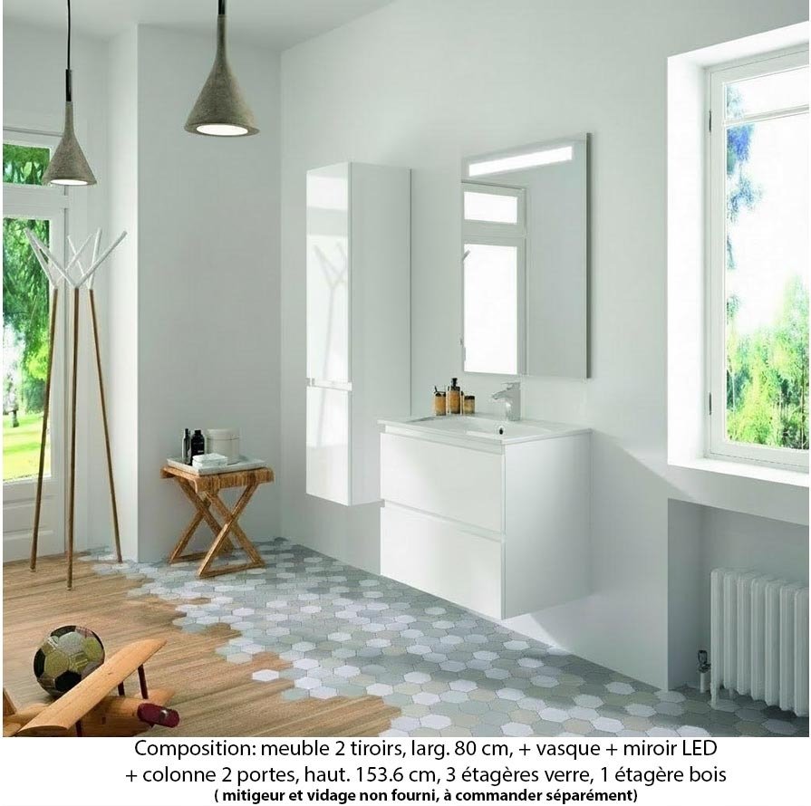 Ensemble meuble de salle de bain Oxford 80 cm blanc brillant, plan vasque marbre reconstitué,  2 tiroirs + colonne (ch. à droite) , miroir LED
