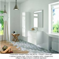 Ensemble meuble de salle de bain Oxford 80 cm blanc brillant, plan vasque céramique, 2 tiroirs + colonne (ch. à droite) , miroir LED