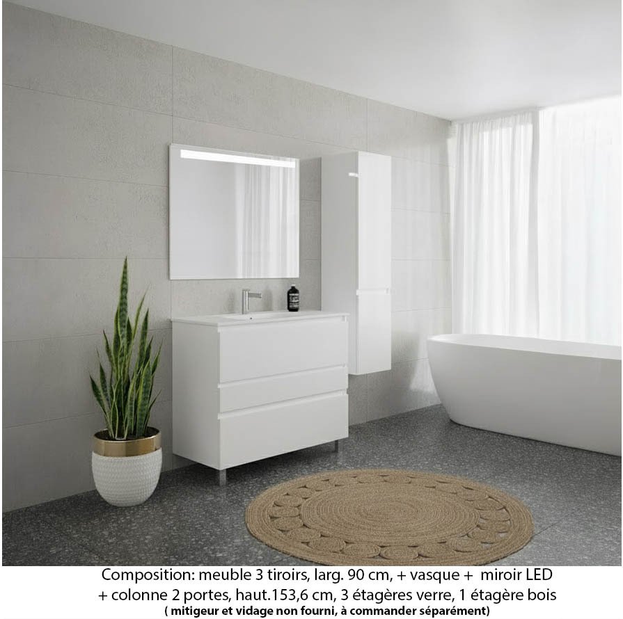 Ensemble meuble de salle de bain Oxford 90 cm blanc brillant, plan vasque marbre reconstitué,  3 tiroirs + colonne P. 35 cm x H. 153 cm  , miroir LED