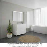 Ensemble meuble de salle de bain Oxford 90 cm blanc brillant, plan vasque marbre reconstitué, 3 tiroirs + colonne P. 35 cm x H. 153 cm , miroir LED